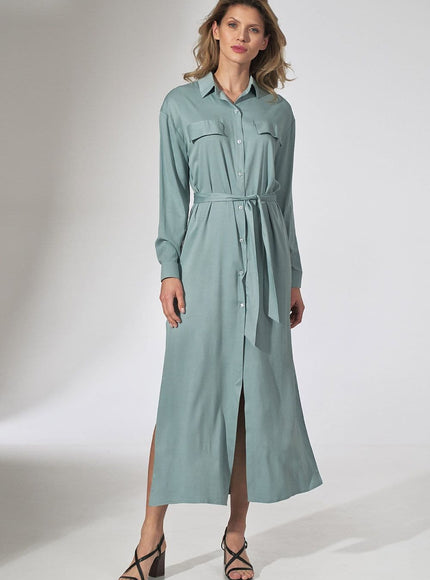 Robe chemise vert sauge midi avec ceinture pour un look casual, parfaite pour une sortie quotidienne ou un événement décontracté.