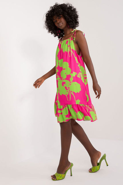 Robe d'été sans manches à bretelles, couleur rose et verte, longueur midi, silhouette droite, pour plage ou cocktail.