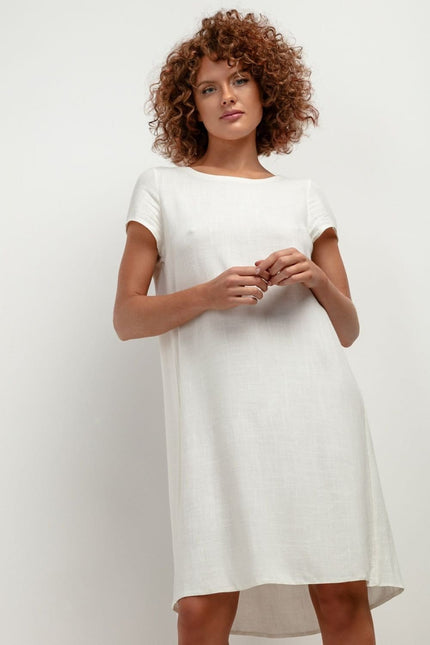 Robe blanche midi décontractée à manches courtes pour plage ou été, coupe droite en lin.