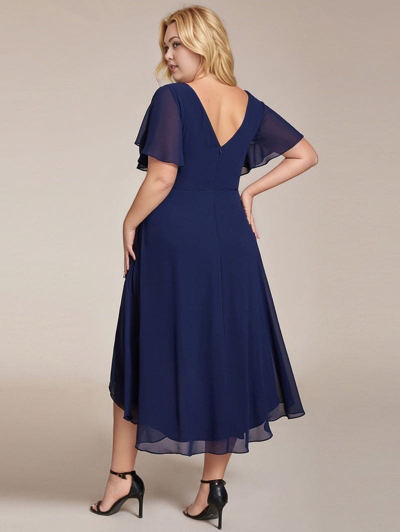 Robe d'invitée au mariage bleu asymétrique à volants