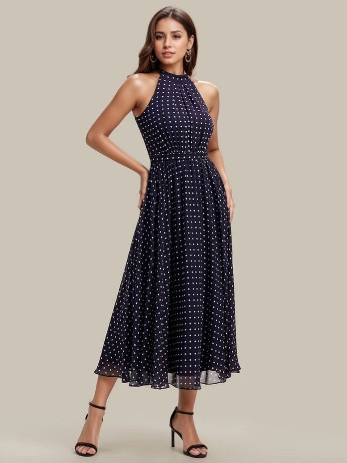 Robe de cocktail bleu marine à pois sans manches col licou