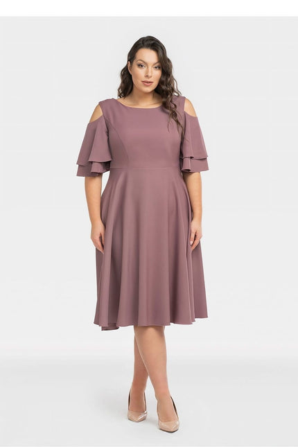 Robe terracotta midi trapèze chic avec manches courtes pour cocktail ou mariage invité.