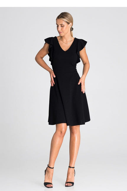 Robe noire de soirée chic midi évasée, avec manches courtes et col en V, idéale pour cocktail ou événement formel.