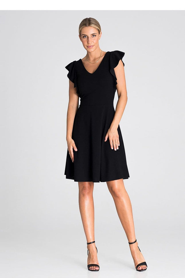 Robe noire soirée chic midi évasée sans manches pour femme, idéale pour cocktail ou évènement.