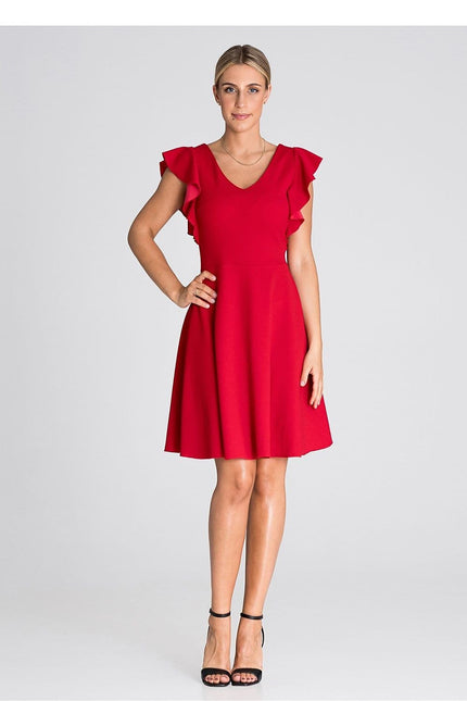 Robe rouge évasée midi pour cocktail avec manches courtes et décolleté en V, style chic et élégant.