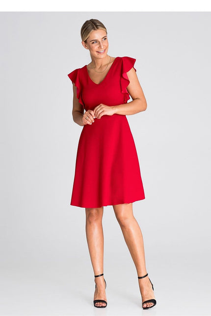 Robe rouge midi évasée sans manches pour cocktail, élégante avec ourlet à volants et col en V, parfaite pour événements festifs.