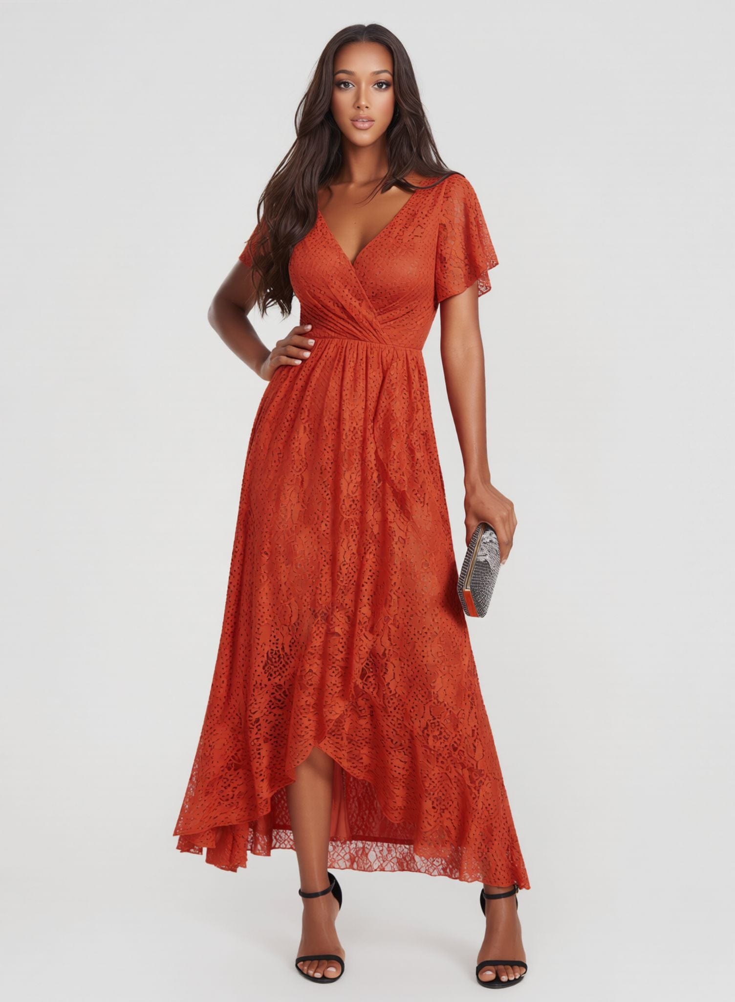 Robe de cocktail terracota en dentelle