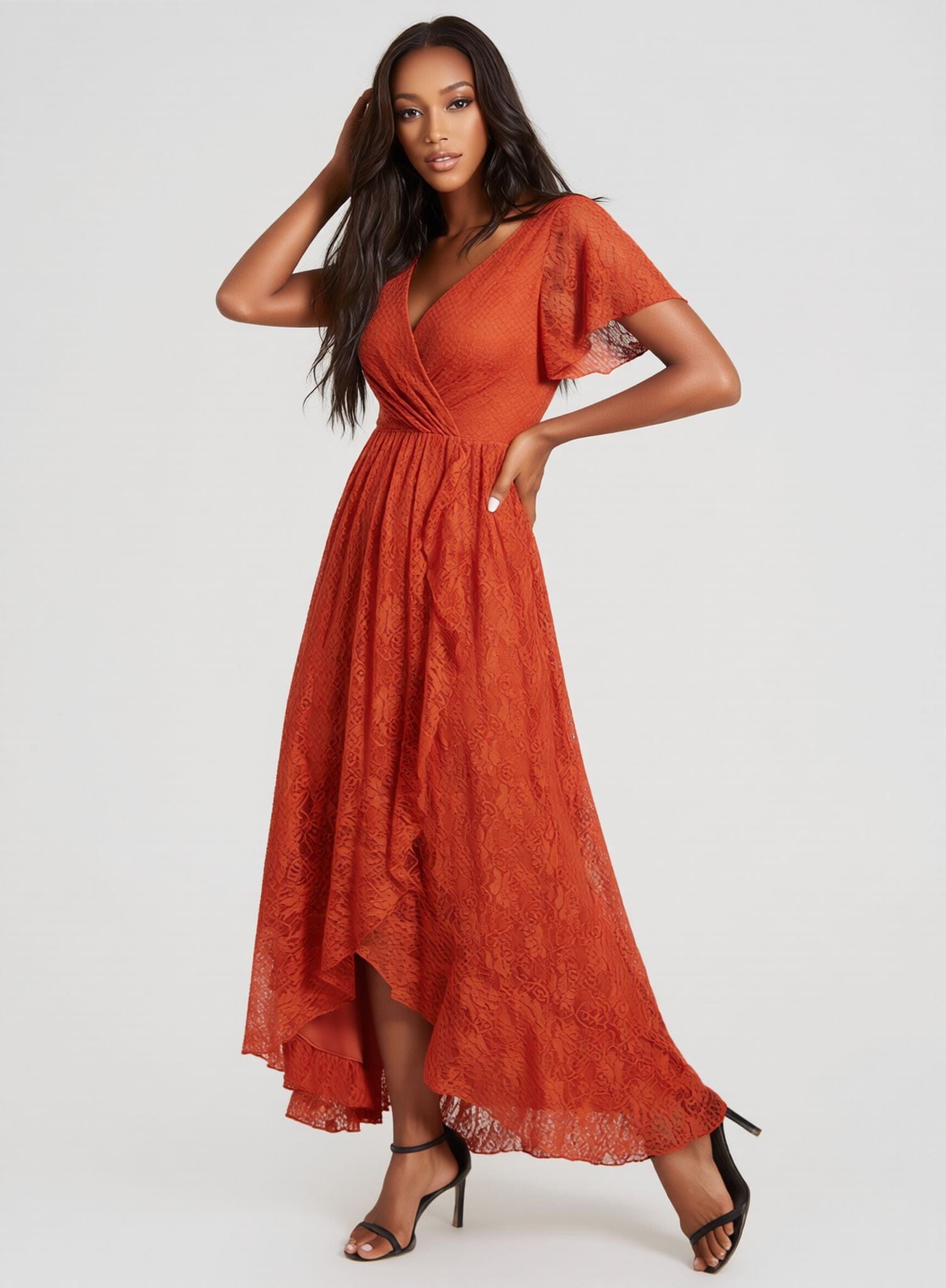 Robe de cocktail terracota en dentelle