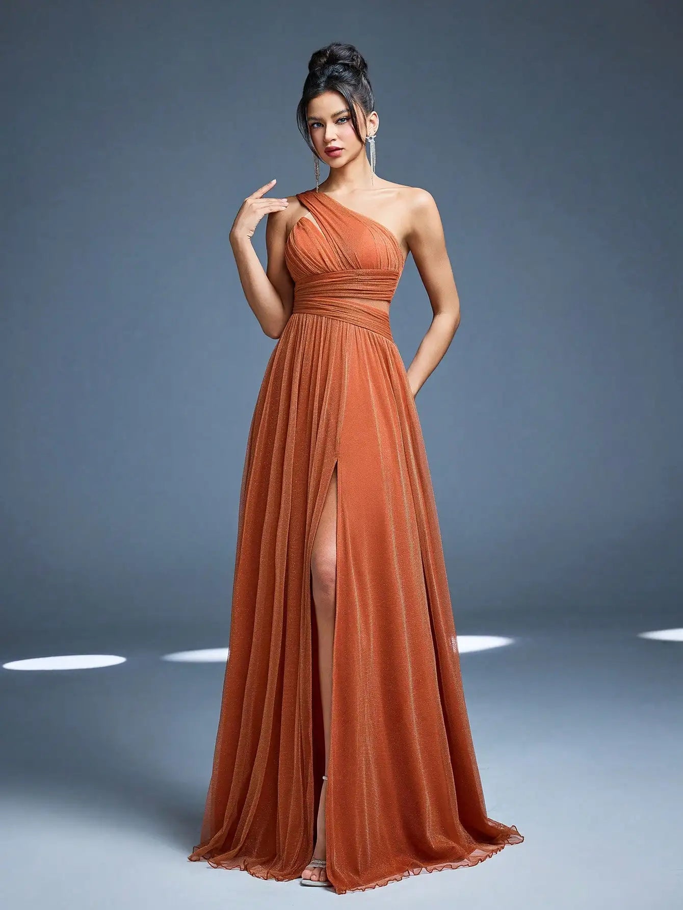 Robe de demoiselle d'honneur terracotta à une épaule et fente haute