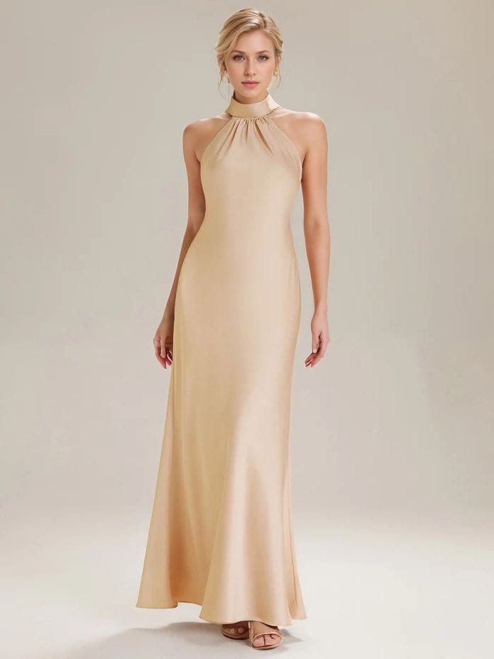 Robe de demoiselles d'honneur longue sans manches couleur champagne
