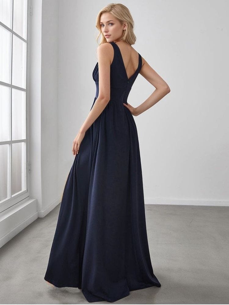 Robe de soirée bleu longue fendue taille empire