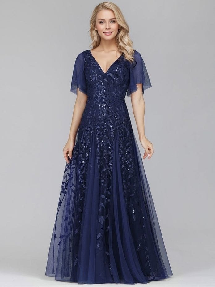 Robe de soirée bleue chic longue manches à volants