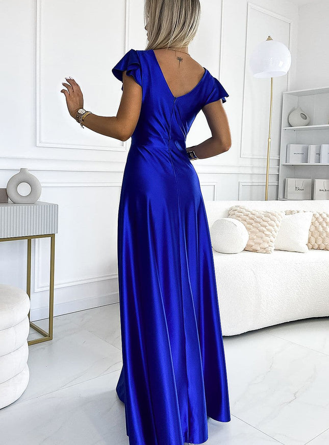 Robe soirée bleue élégante longue, style chic avec manches courtes, idéale pour mariage ou événement formel.