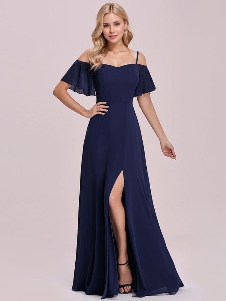 Robe de soirée bleue fendue longue manches volantes