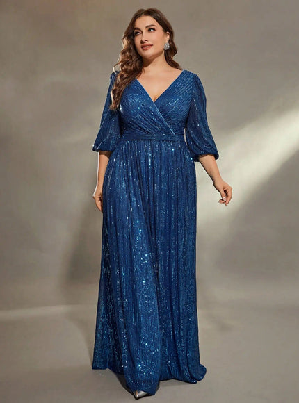 Robe de soirée bleue grande taille avec paillettes, manches longues, coupe empire pour gala ou mariage, élégante et ample.