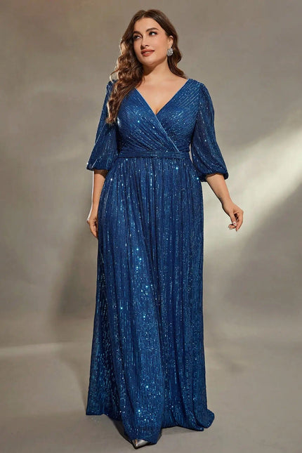 Robe de soirée bleue grande taille avec paillettes, manches longues, coupe empire pour gala ou mariage, élégante et ample.