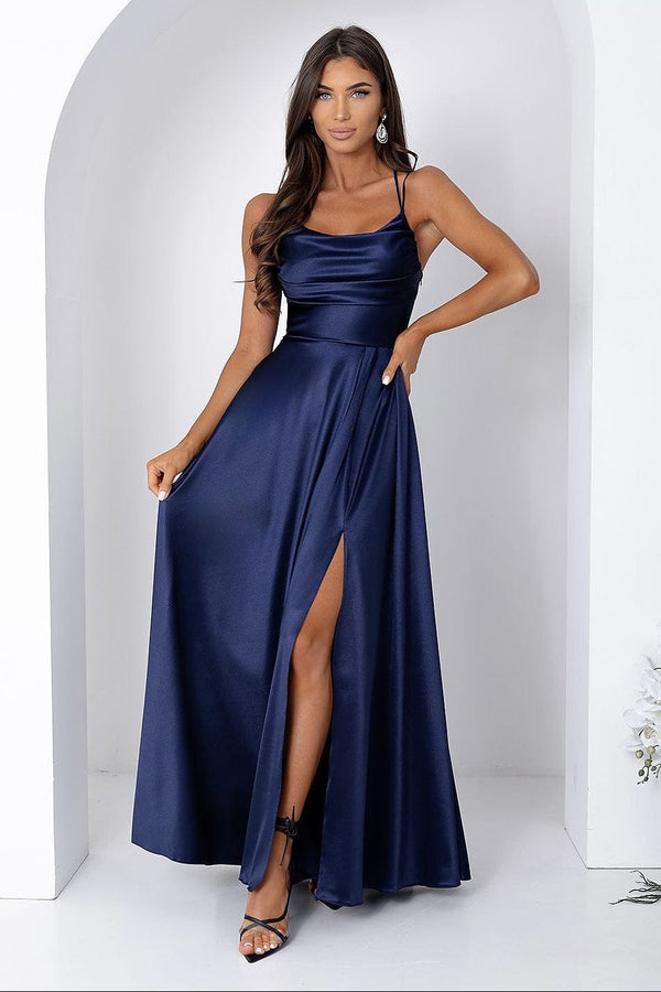 Robe de soirée bleue longue fendue