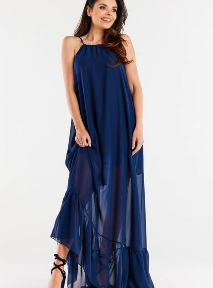 Robe soirée bleue longue fluide sans manches, idéale pour cocktail ou gala, élegant et tendance pour évènements.