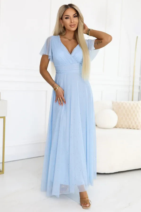 Robe de soirée bleue longue scintillante