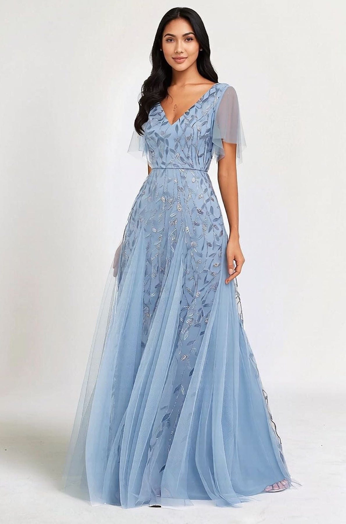 Robe de soirée bleue motif paillettes