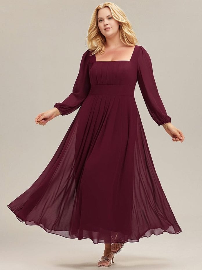 Robe de soirée bordeaux à manches longues grande taille