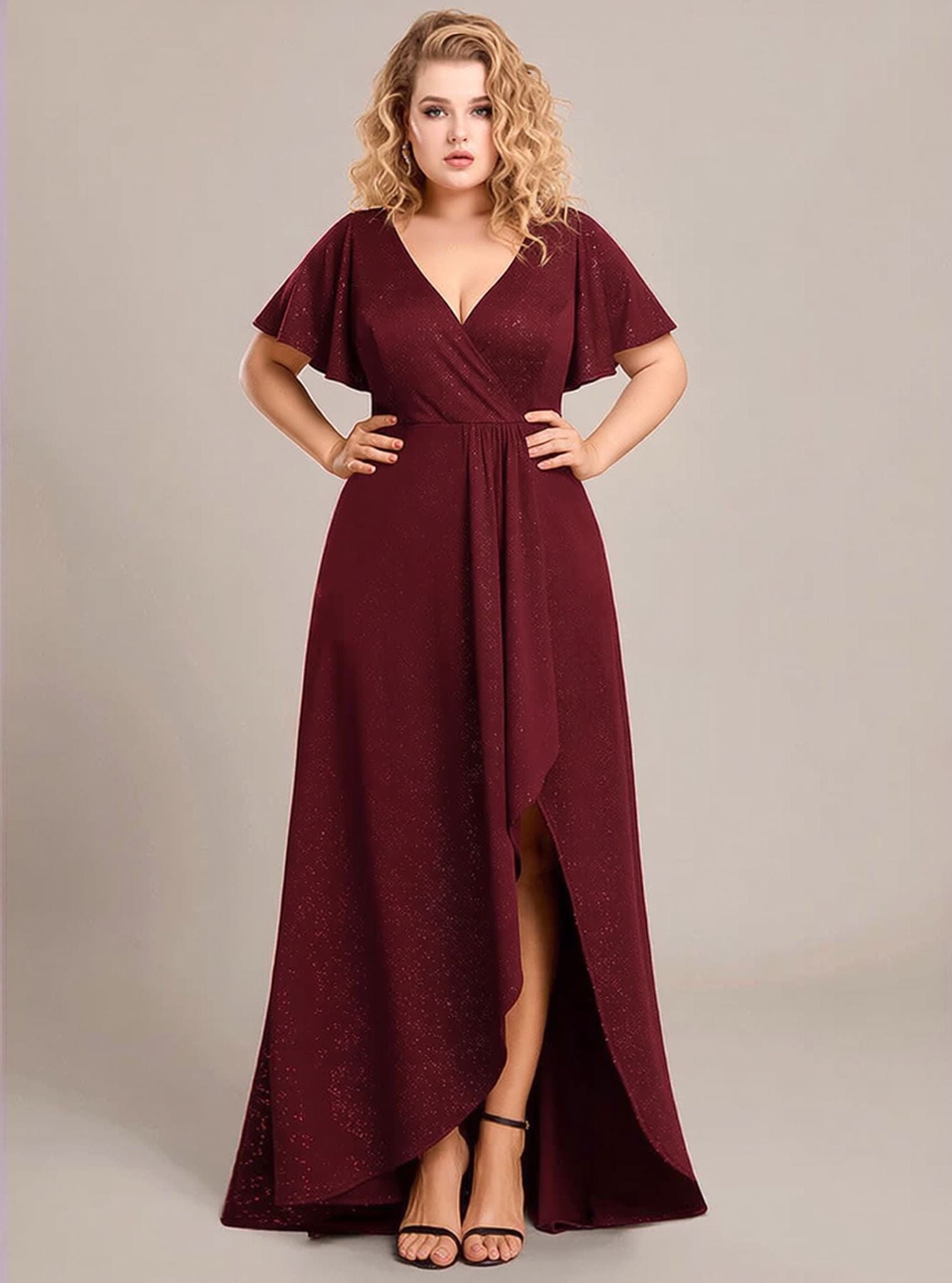 Robe de soirée bordeaux grande taille à fente asymétrique