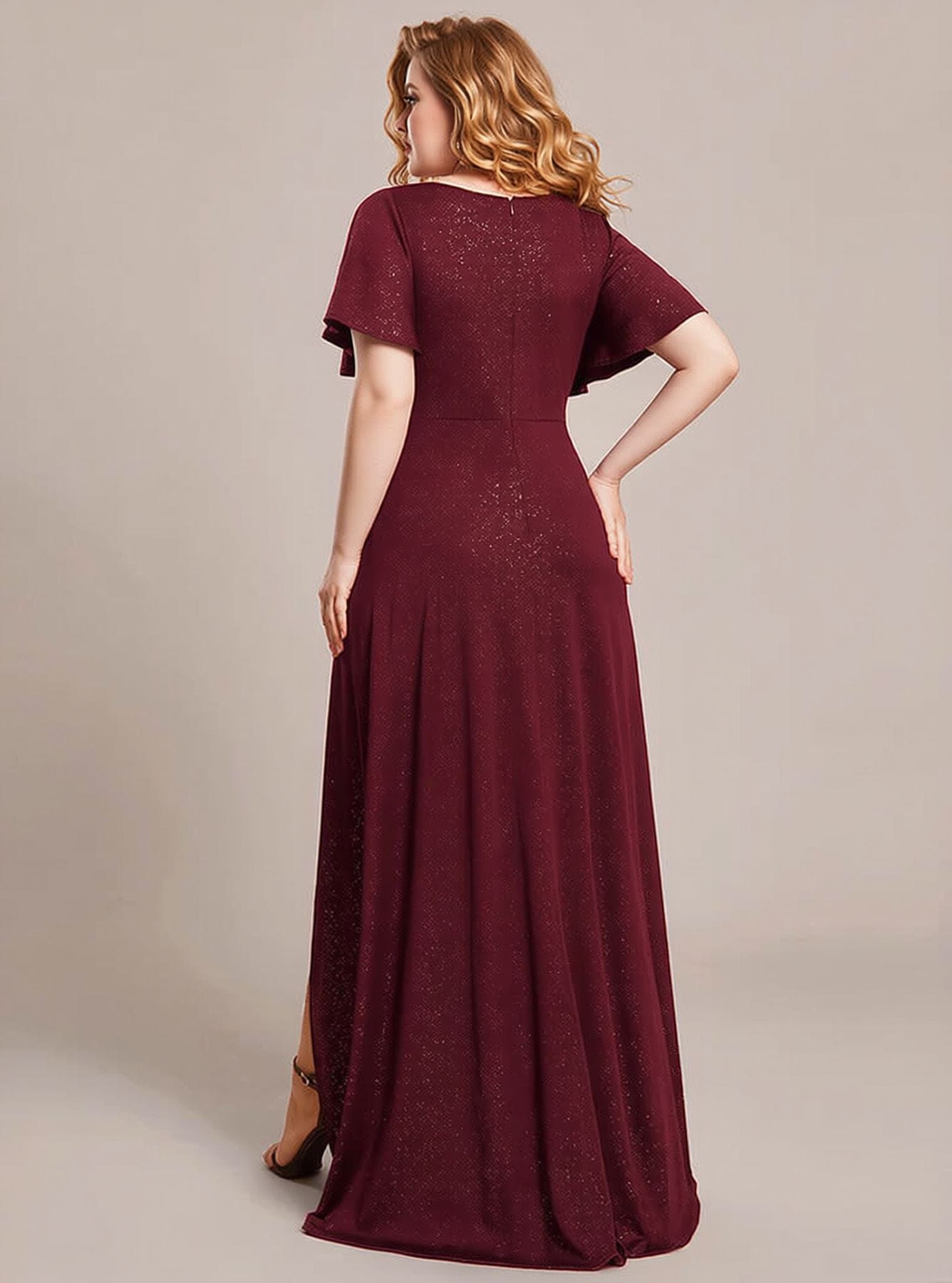 Robe de soirée bordeaux grande taille à fente asymétrique