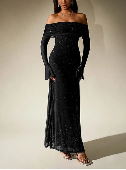 Robe de soirée chic noire longue, épaules dénudées et manches longues pour look élégant et glamour.