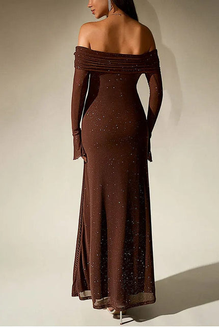 Robe de soirée dos nu moulante chocolat longue chic manches longues pour un look élégant.