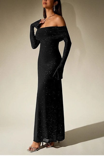 Robe de soirée chic noire longue épaules dénudées, idéale pour un gala ou une soirée élégante.