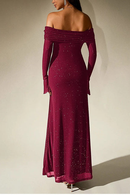 Robe de soirée dos nu longue bordeaux élégante, parfaite pour un mariage ou une soirée chic.