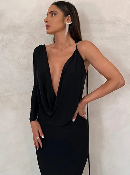 Robe de soirée chic noire avec décolleté plongeant, manches longues et silhouette moulante, parfaite pour cocktail ou gala.