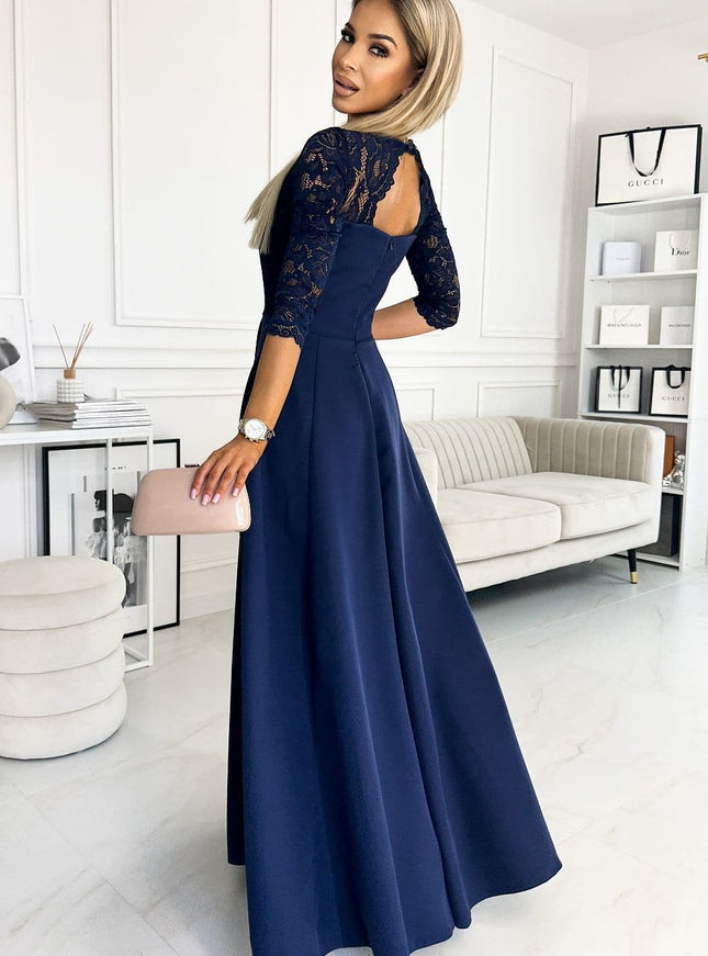 Robe de soirée chic bleue longue avec manches trois-quarts en dentelle, idéale pour cocktails et galas.