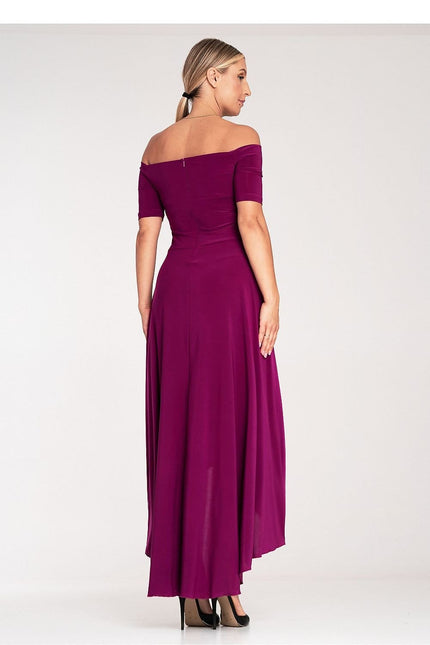 Robe de soirée chic violette longue à manches courtes pour mariage invité, silhouette princesse.