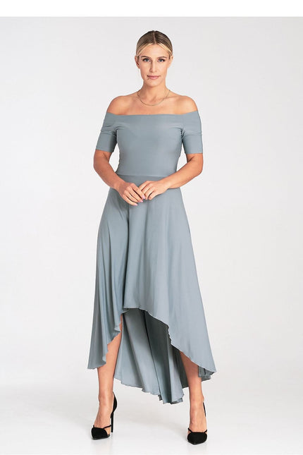 Robe bleu vert sauge asymétrique mi-longue épaules dénudées pour soirée chic ou cocktail.