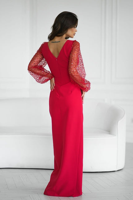 Robe soirée chic rouge longue avec manches longues en sequins pour événement gala.