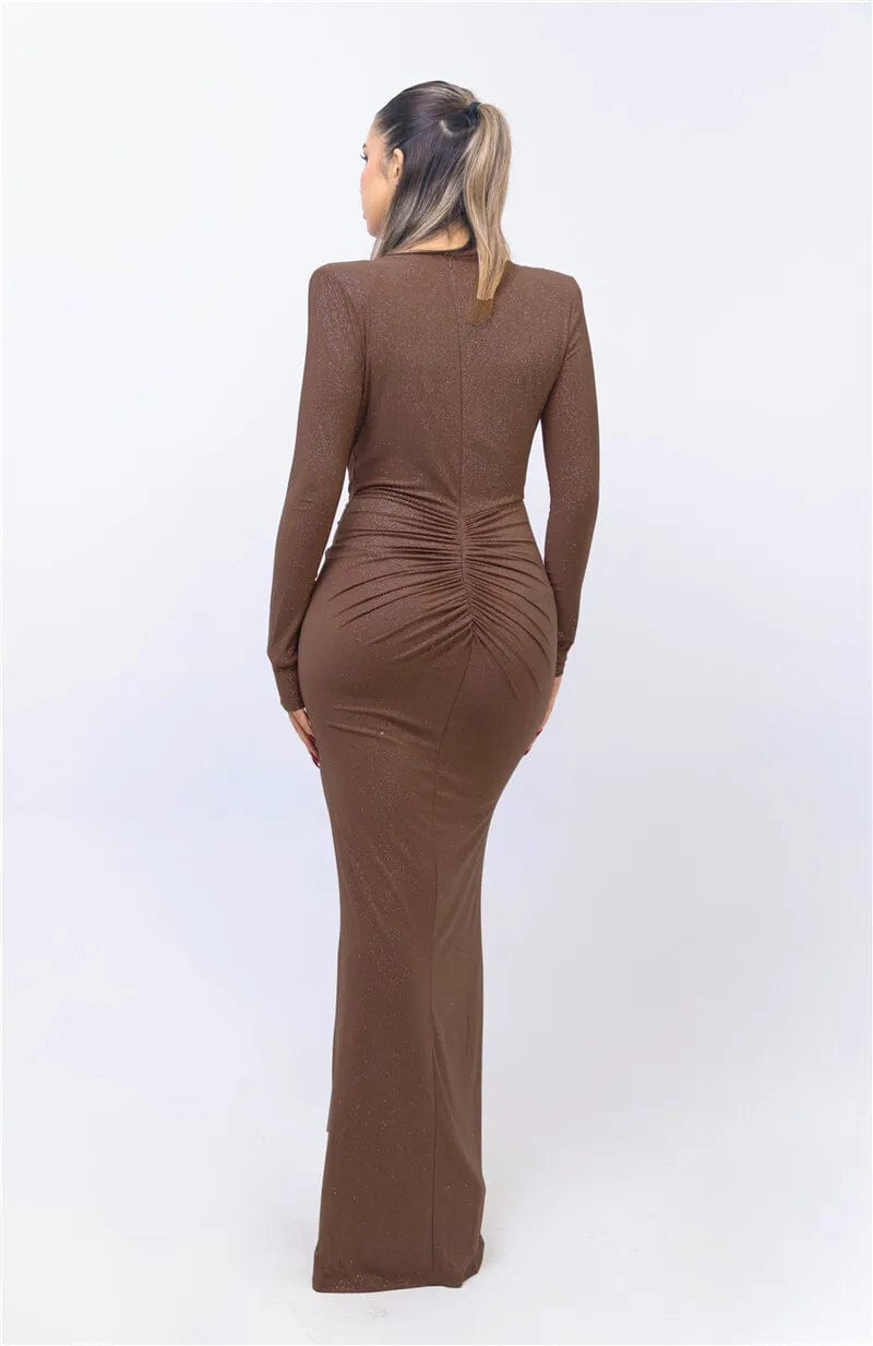 Robe de soirée chic moulante marron à manches longues avec décolleté plongeant pour événement spécial