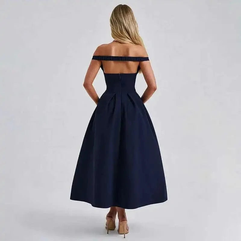 Robe de soirée chic midi col bardot