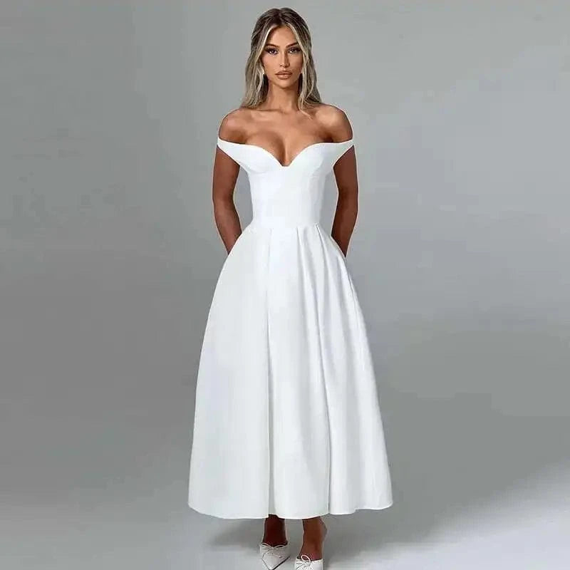 Robe de soirée chic midi col bardot