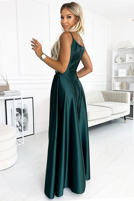 Robe soirée chic verte longue sans manches pour femme, style élégant, idéale pour cocktails et galas.