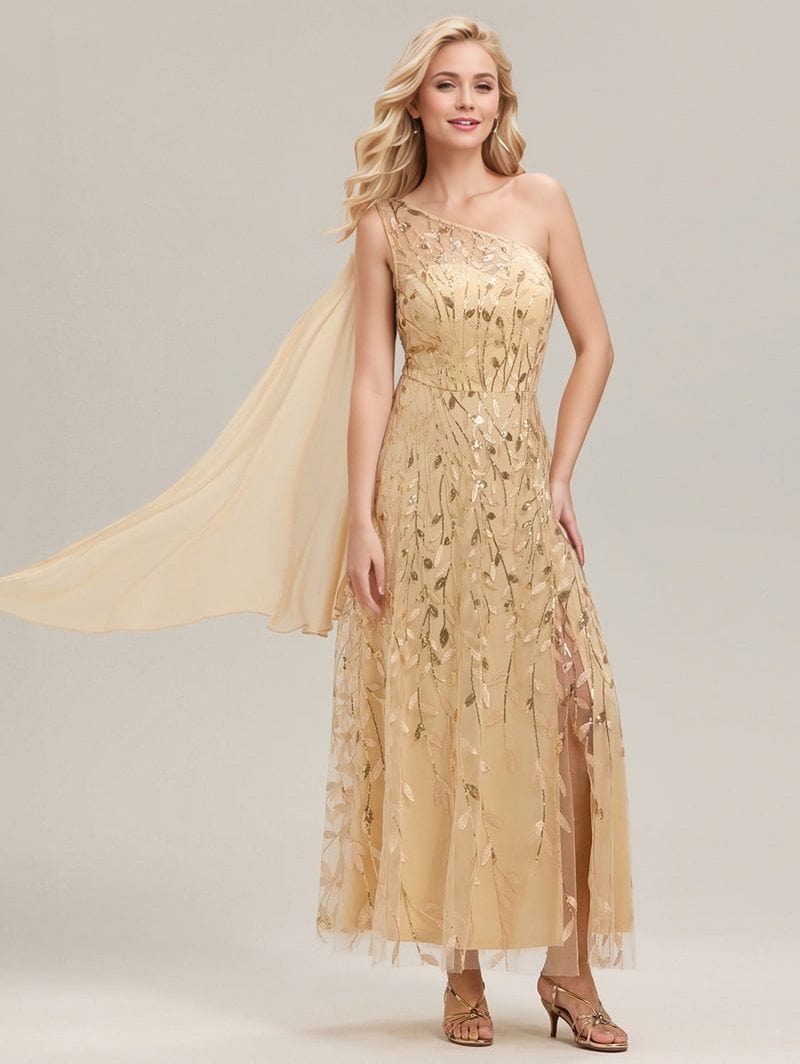 Robe de soirée de mariage dorée une épaule et fente