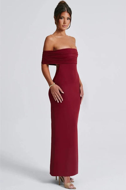 Robe de soirée dos nu rouge longue sans manches pour gala et nouvel an, style chic et élégant.