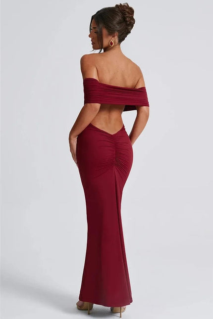 Robe soirée dos nu bordeaux longue moulante sans manches pour gala ou mariage invité chic.