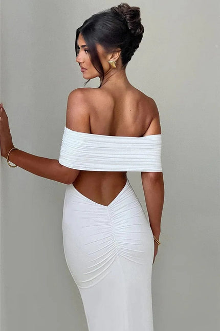 "Robe de soirée dos nu blanche longue moulante avec manches longues pour cocktail ou mariage"