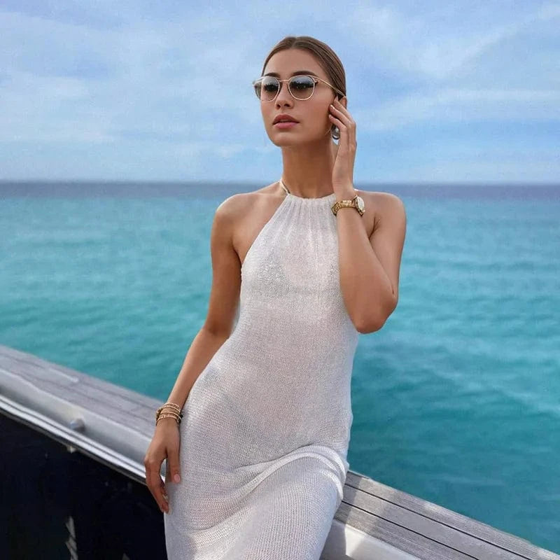 robe dos nu sexy été longue moulante sans manches femme chic pour soirée ou mariage en été