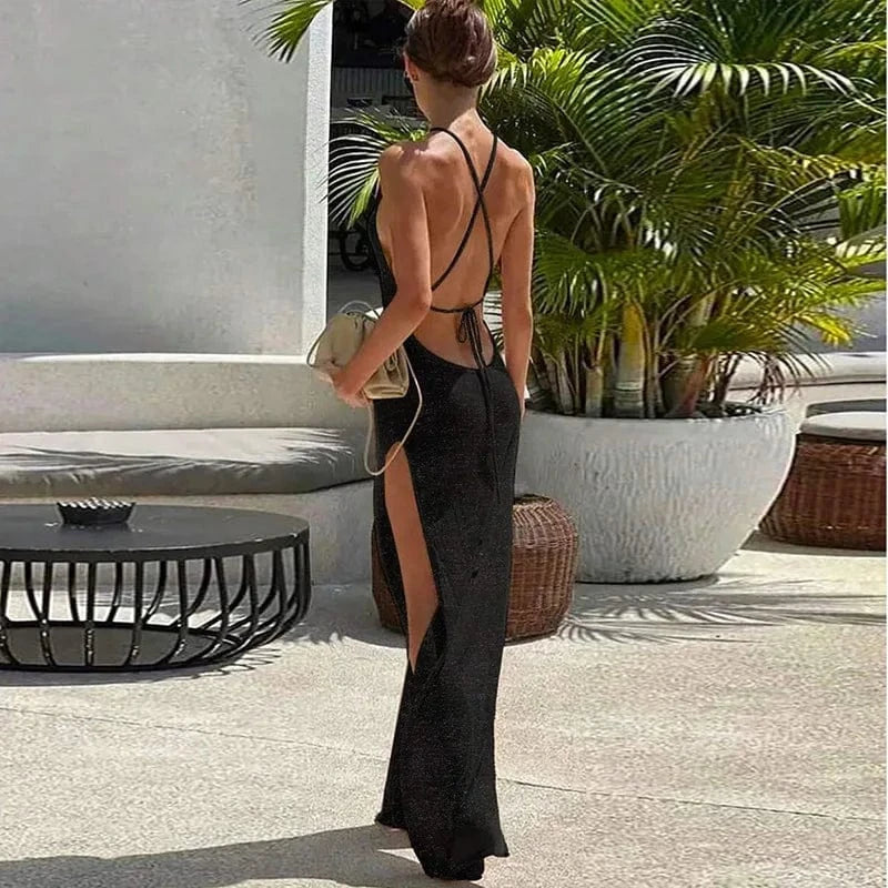 robe dos nu sexy été moulante longue fendue sans manches pour soirée chic ou nouvel an en satin