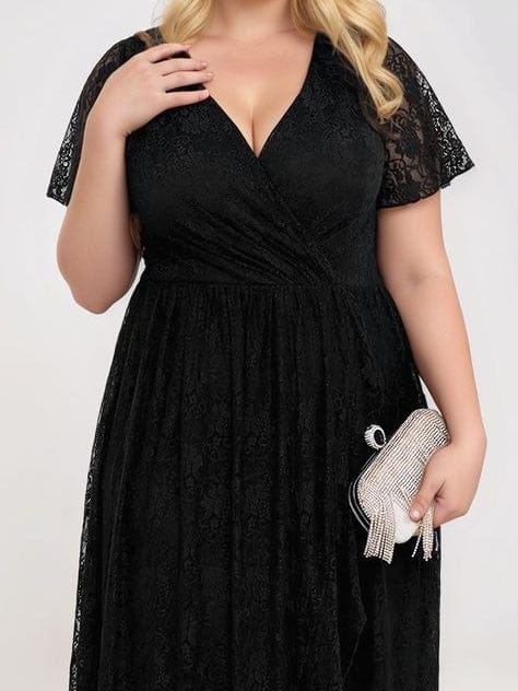 Robe de soirée grande taille noire manches transparentes