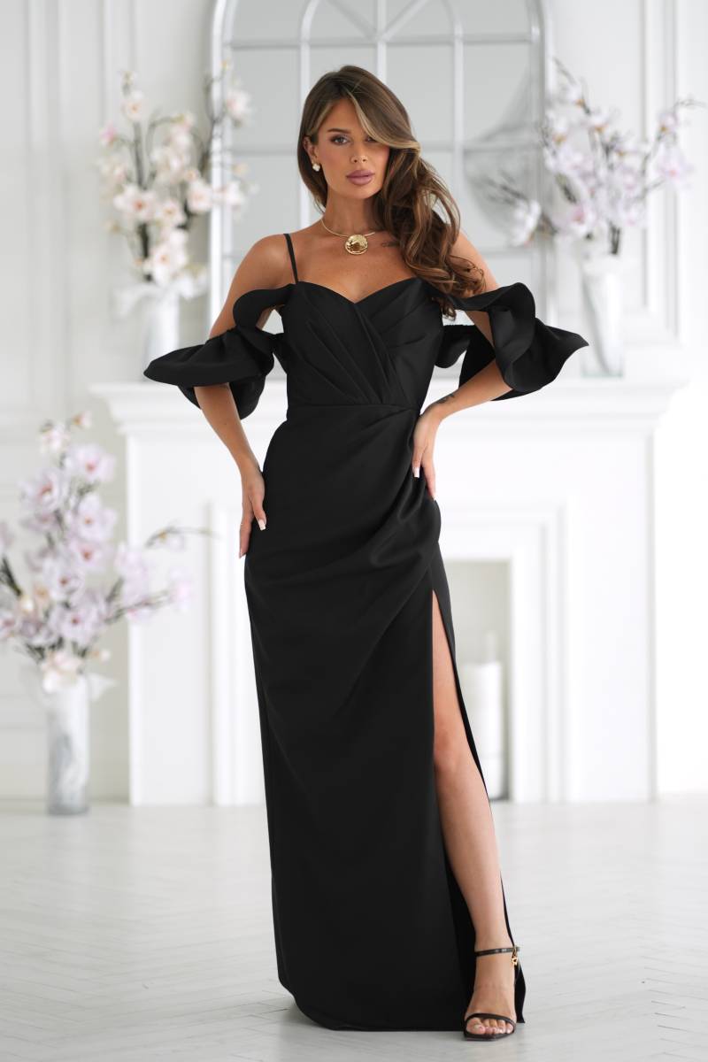Robe de soirée longue noire fendue bretelles amovibles