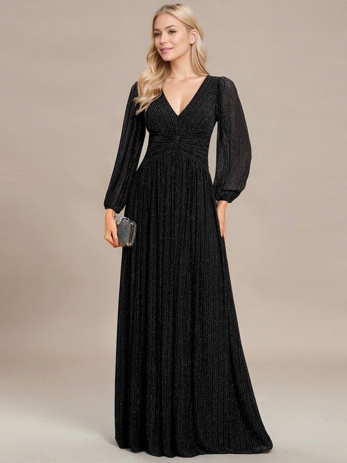 Robe de soirée longue noire manches longues col en V