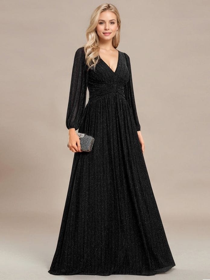 Robe de soirée longue noire manches longues col en V